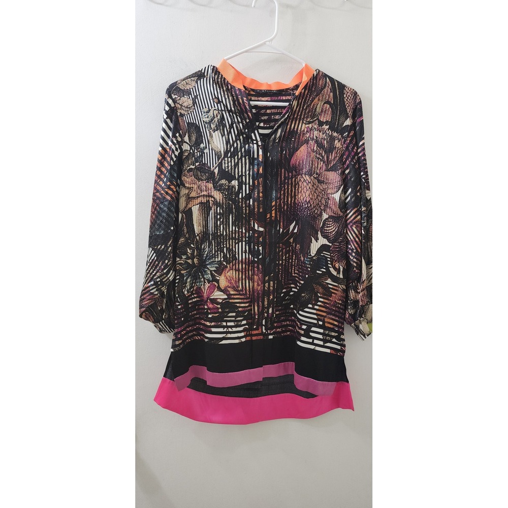 Elie Tahari Silk Floral Stripe Blouse XS Multicolor Button Front High Low Top